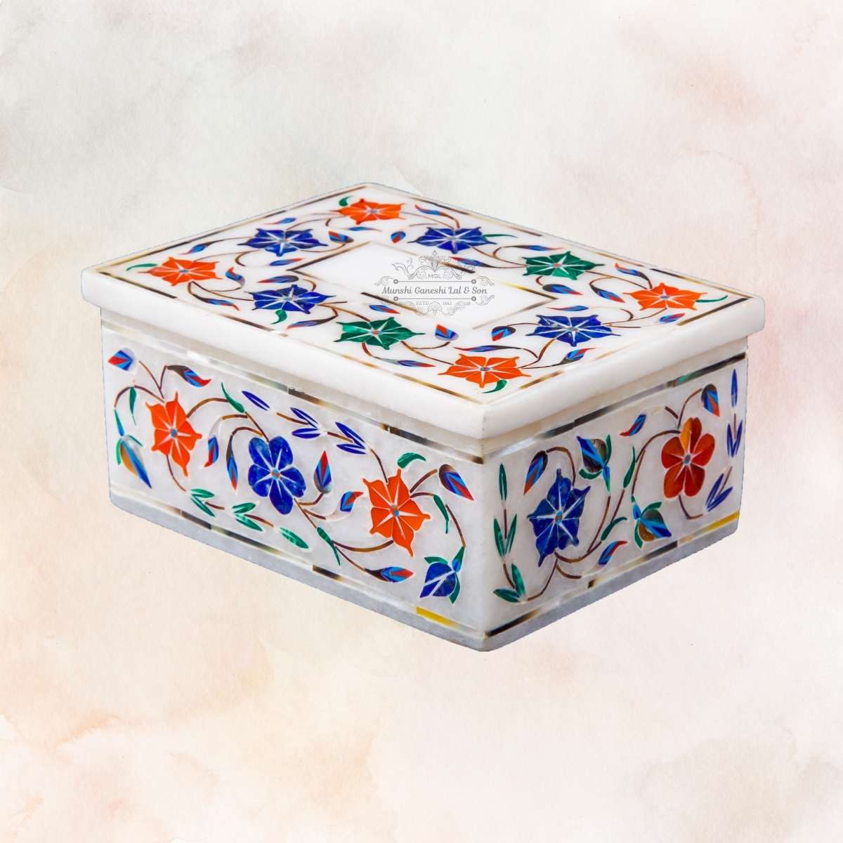 Blue and Orange Flower Designed Marble Rectangular Jewellery Box